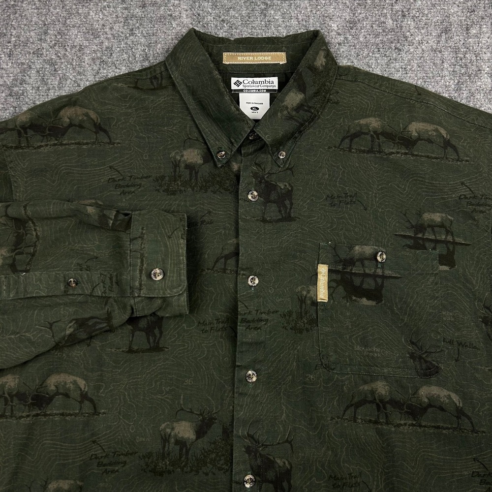Columbia River Lodge Shirt Mens XL Green Elk Topo Map Print Cotton Vtg Y2k 90s